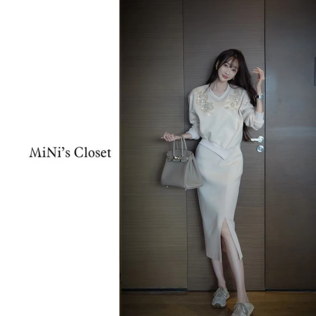 【MiNi推荐】新款高定款修身收腰连衣裙气质长袖裙子套装女JD0935