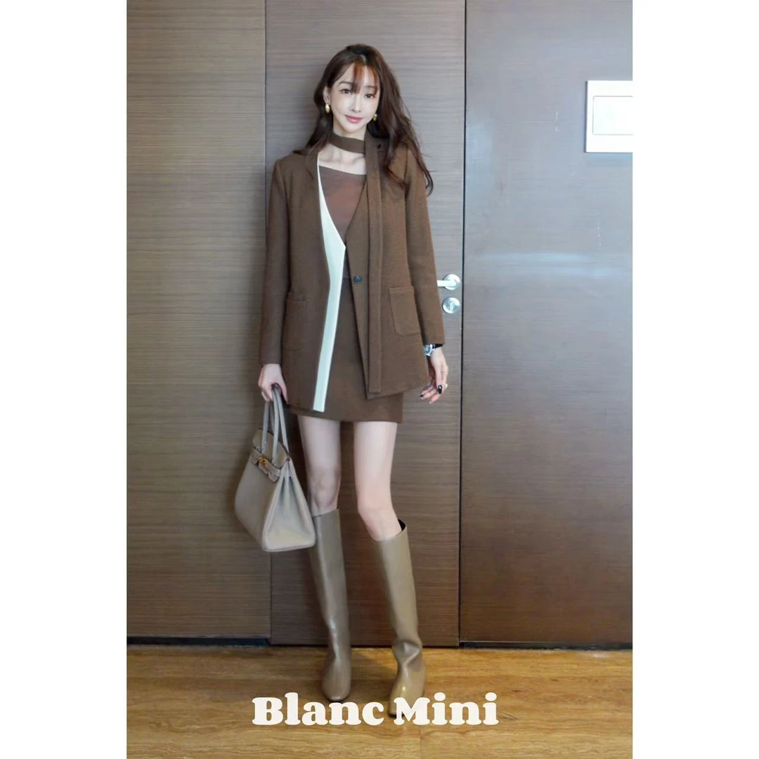 【MiNi推荐】韩版西装高级感美拉德撞色拼接套装两件套JD1112