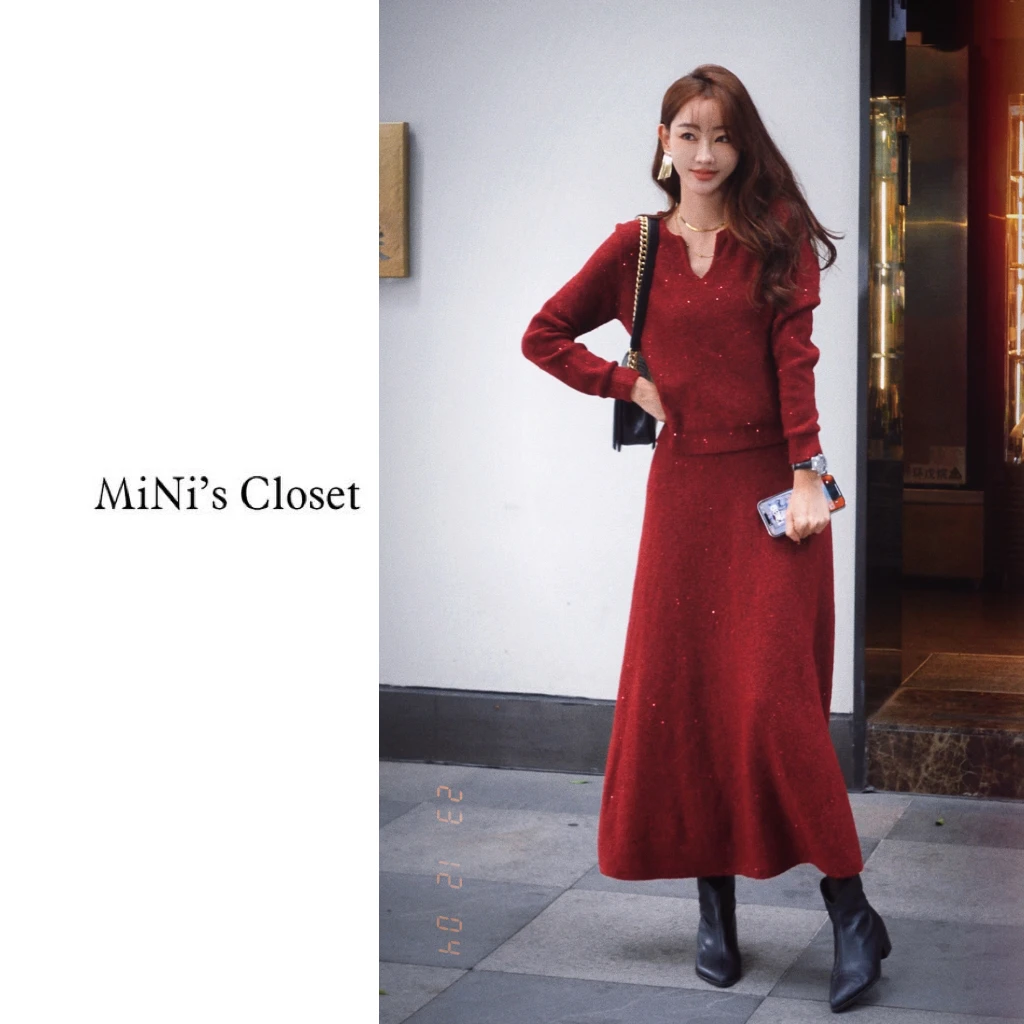 【MiNi推荐】高级感小香风圣诞红毛衣半身裙套装休闲两件套JC0254