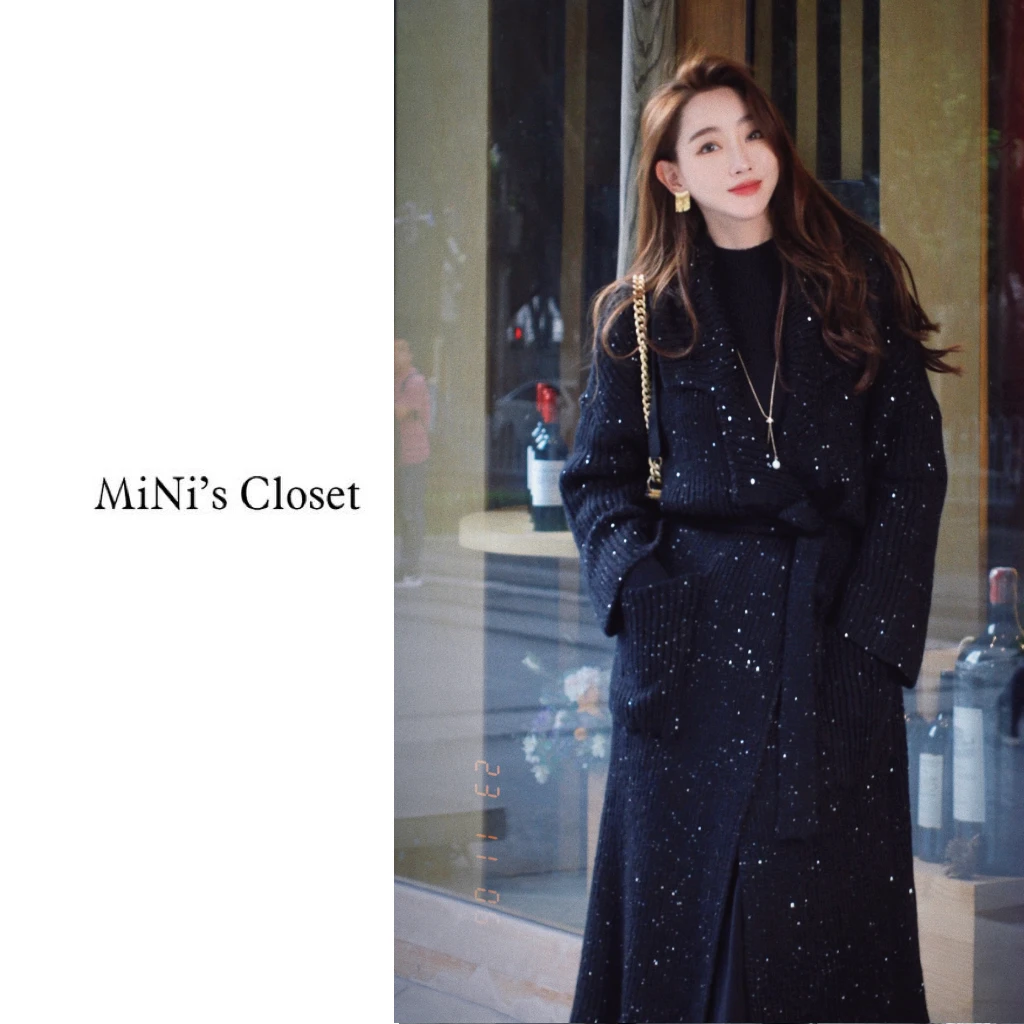 【MiNi推荐】亮片翻领慵懒风宽松毛衣开衫中长款休闲外套女JC0173