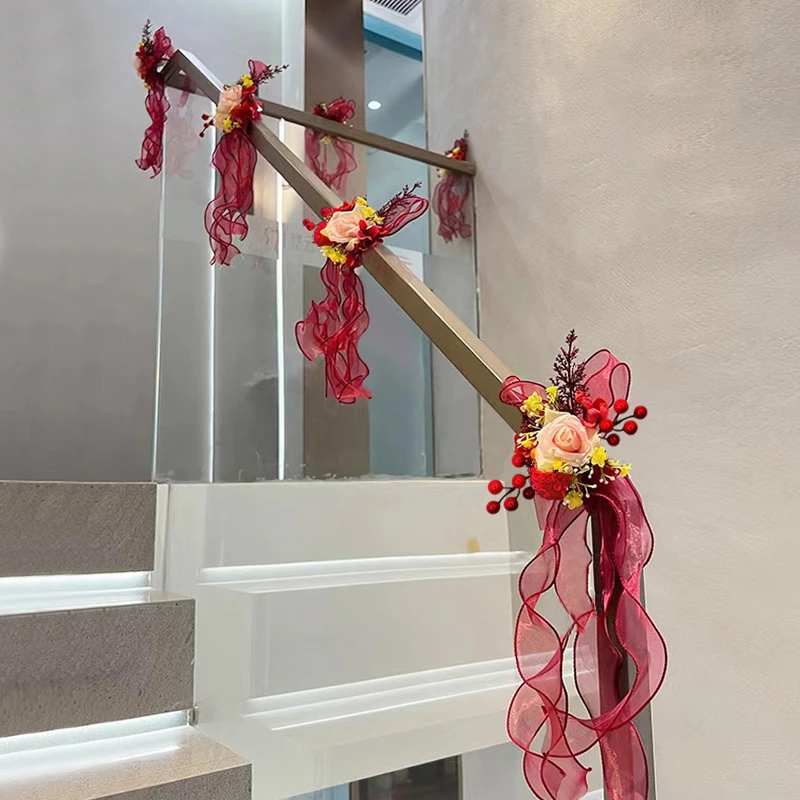 楼梯扶手装饰结婚仿真花拉花彩带男方婚房阳台护栏布置纱幔套装