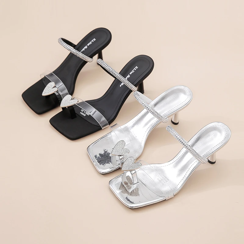 时尚凉鞋女鞋2024夏季新款法式高级感名媛水钻方头细跟拖鞋高跟鞋