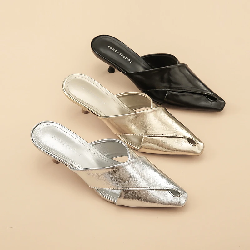 金色包头半拖鞋女夏季2024新款外穿时尚真皮高级感法式镂空凉拖鞋