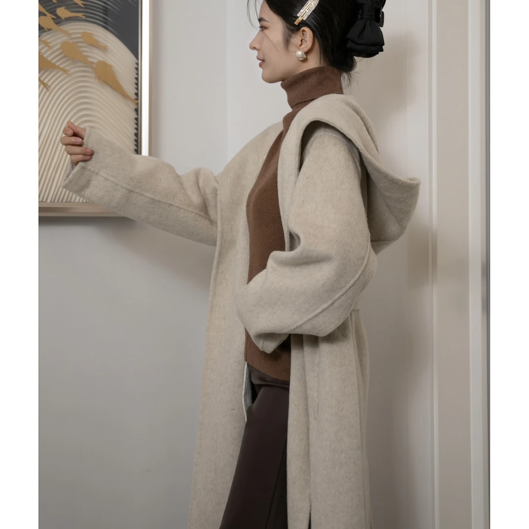 2024新款双面长毛大衣经典气质连帽系带时尚秋冬长款宽松设计款