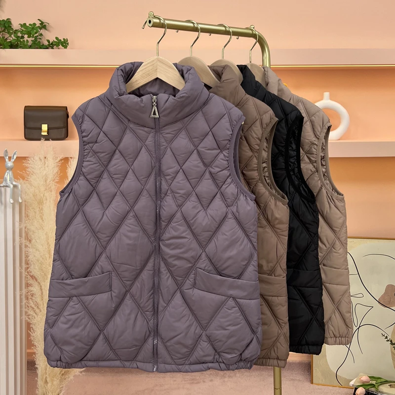 中老年夹棉马甲女秋冬季菱形格立领保暖坎肩外套宽松纯色加厚背心