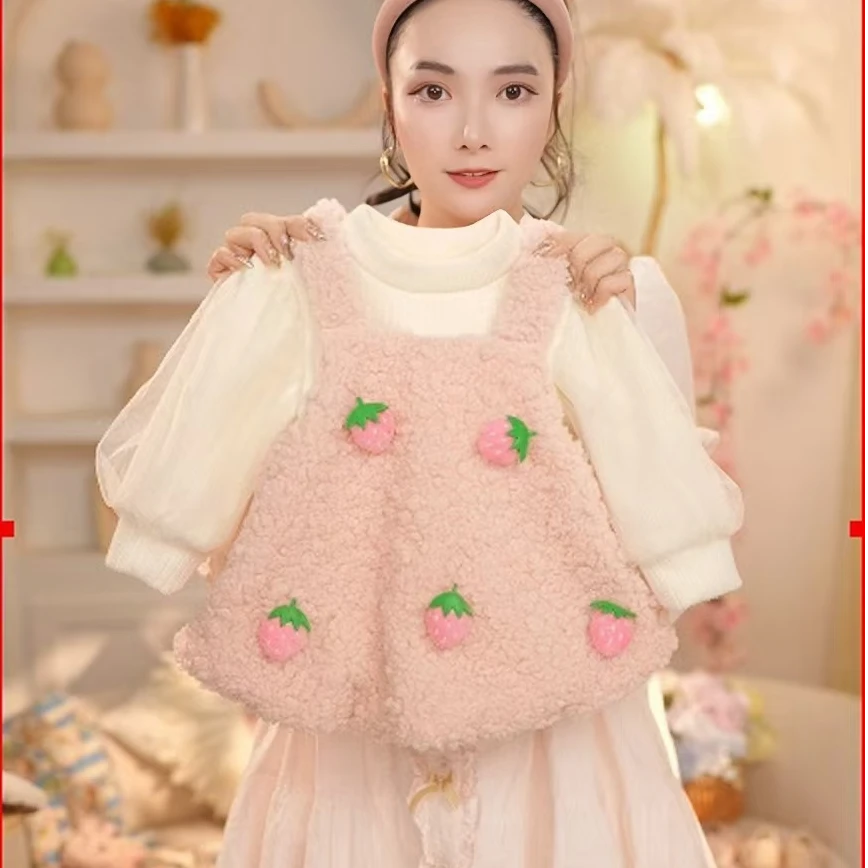 【095】2024年冬季新款女童可爱加厚粉色草莓毛毛裙
