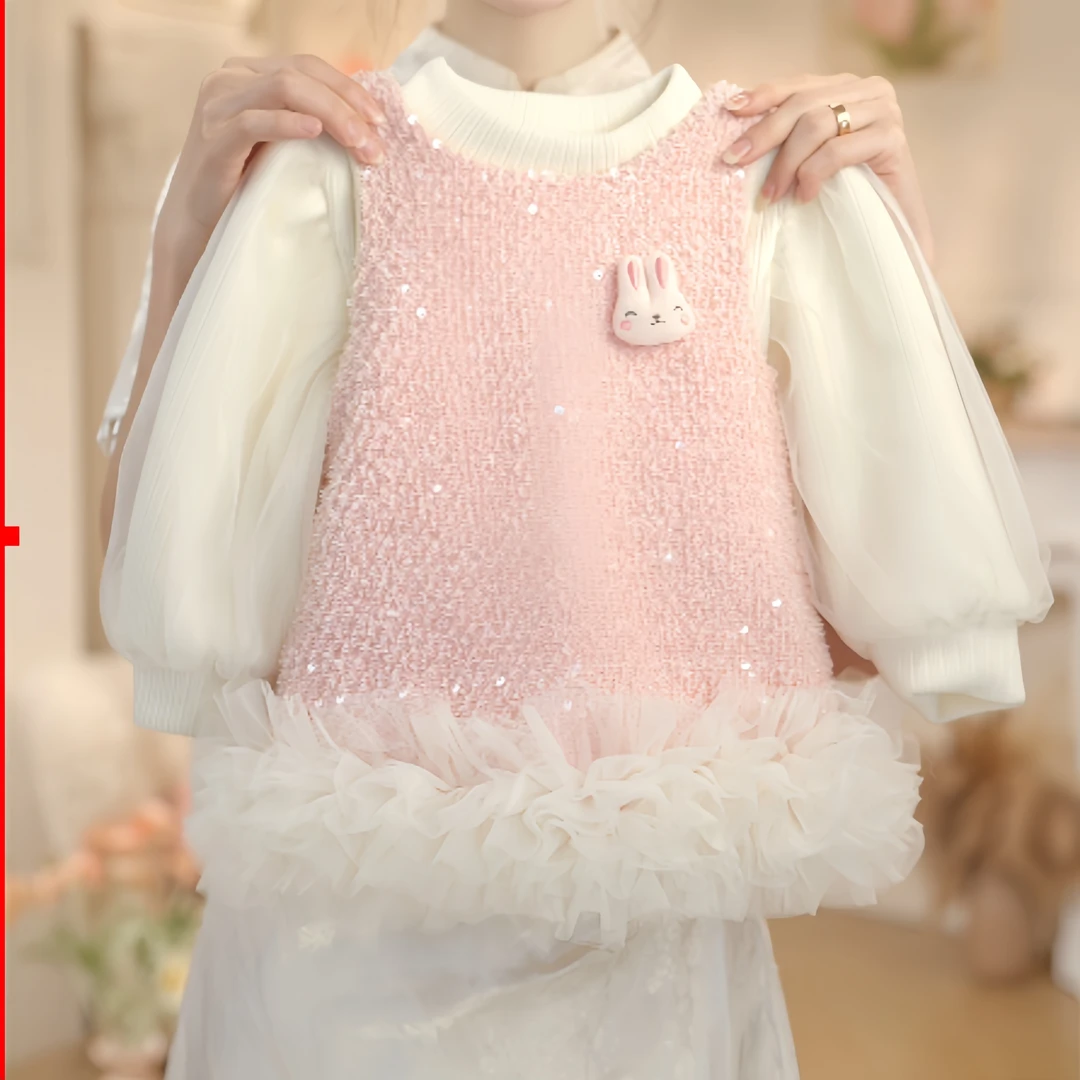 【087】2024年秋冬新款女童粉色可爱小兔子立体花边公主裙套装