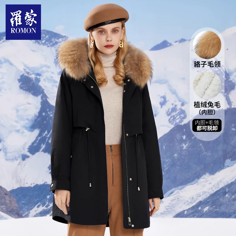 【QPTY】罗蒙女士新款轻奢中长款貉子毛领派克服PCJ12105
