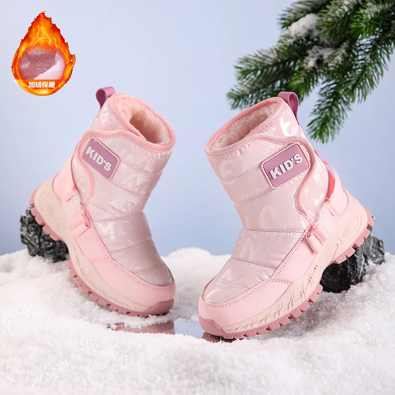 旺贝回力女童雪地靴冬季加绒加厚防水高帮鞋皮毛一体男童防滑棉鞋