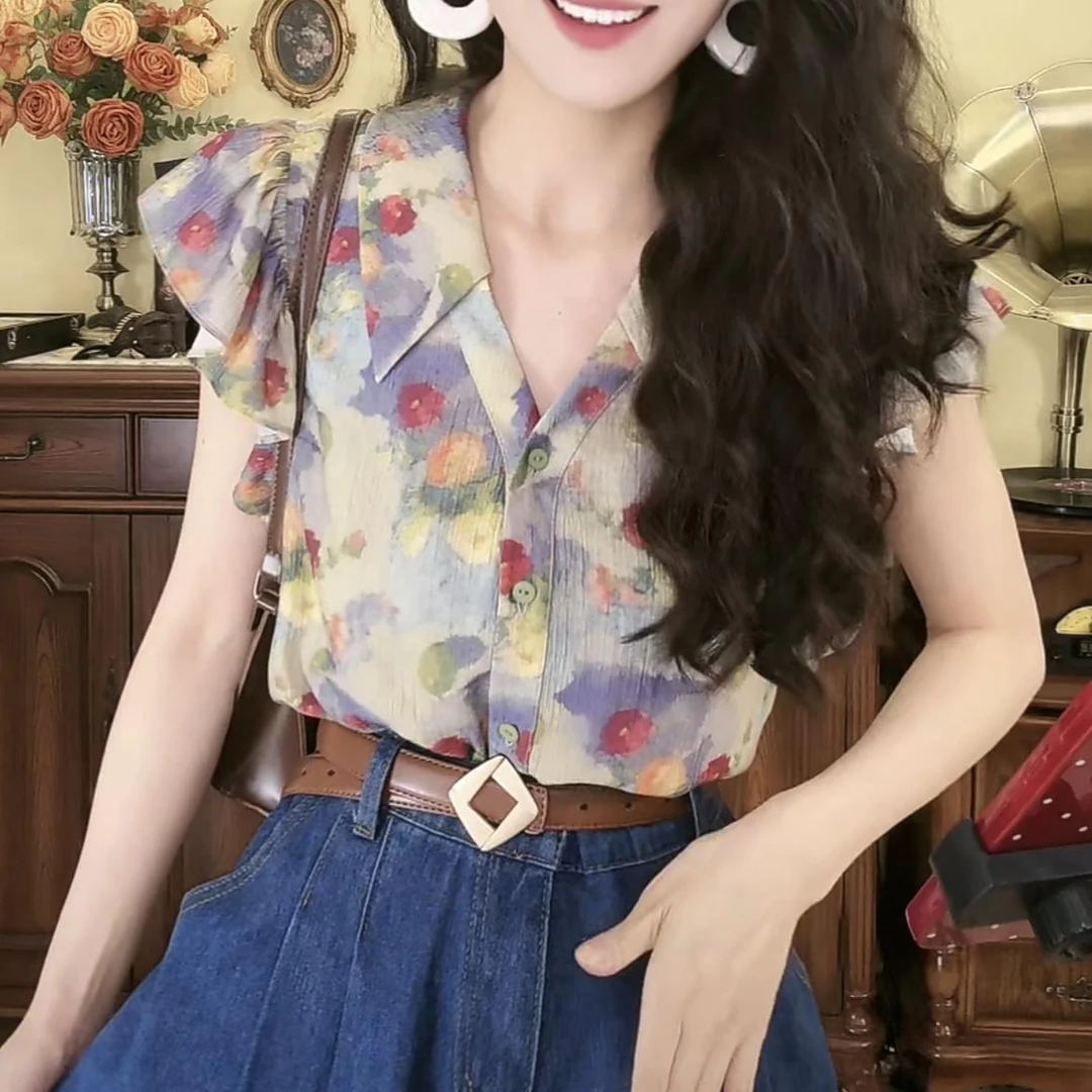 2024夏新款减龄水墨画小众复古港风飞飞袖花色设计感衬衫