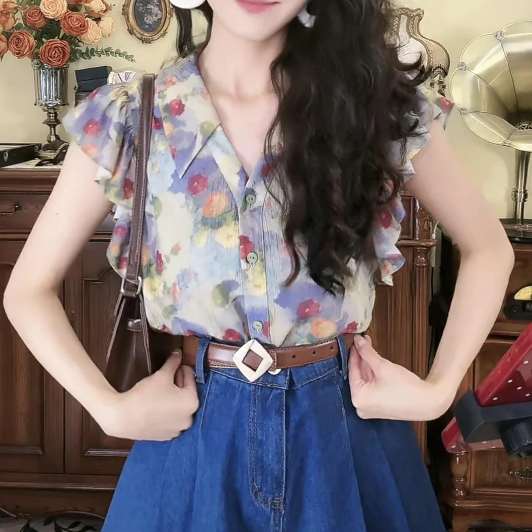 2024夏复古港风设计感时尚碎花洋气显瘦轻熟减龄衬衫女