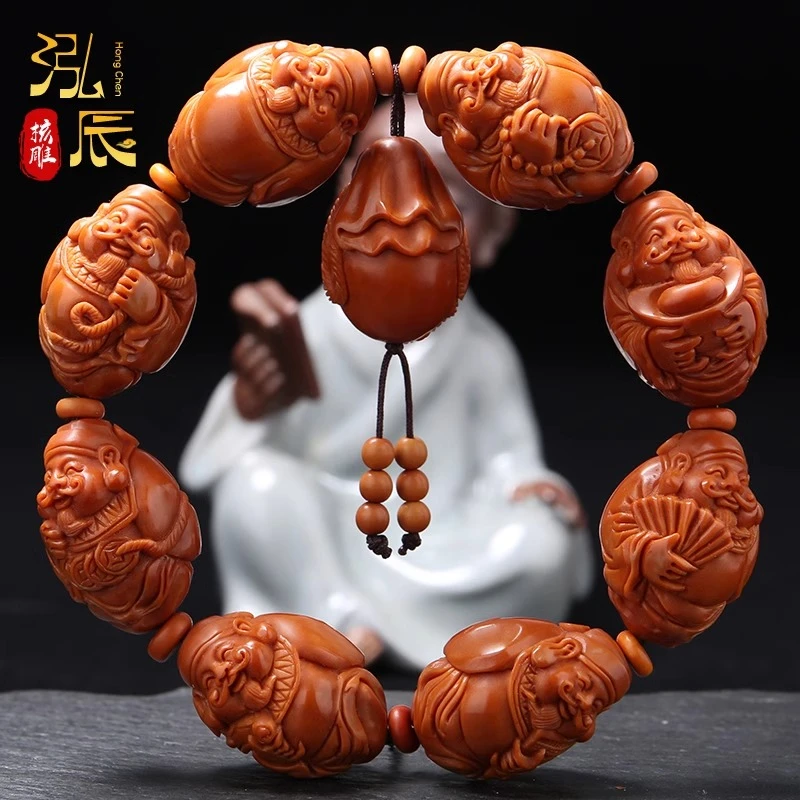 橄榄核手串八大财神大籽文玩核雕把件手工雕刻八方来财手链情侣款