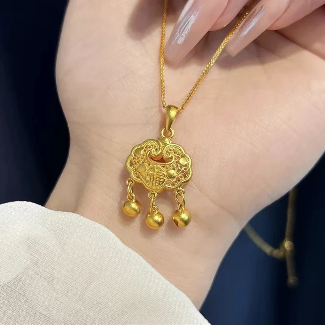 铜合金项链 新款2025年新款 铜合金项链平安锁福字铃铛项链