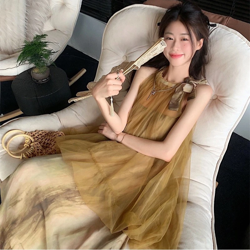 新中式挂脖连衣裙女改良旗袍禅意晨袍仙女网纱扎染假两件无袖裙子