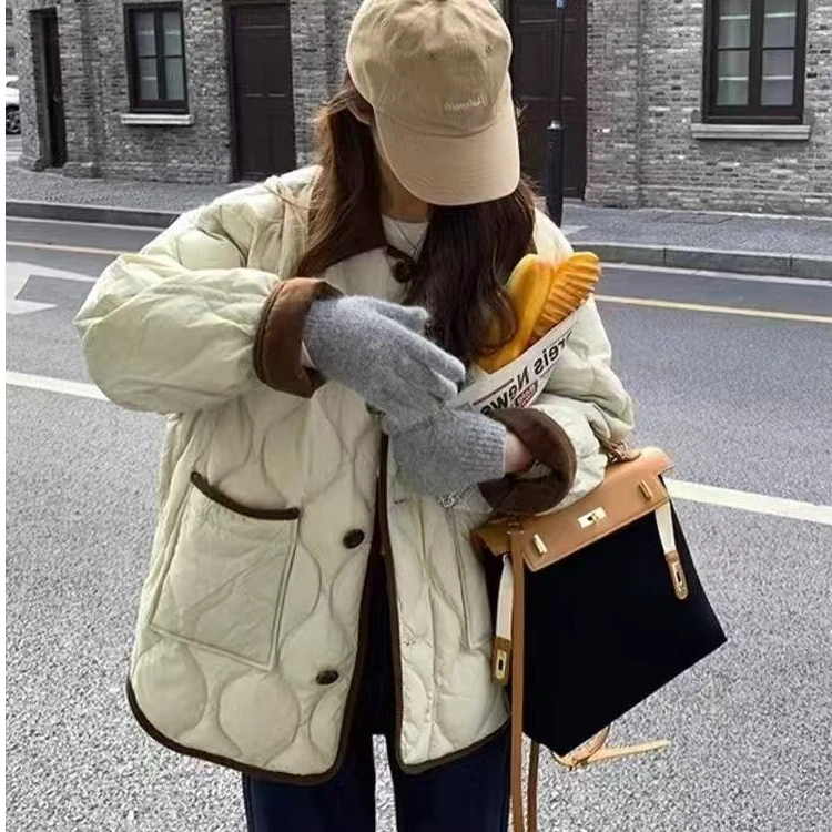 小香风大码棉服菱形格轻薄翻领棉衣2024年秋冬新款棉衣胖mm棉衣女