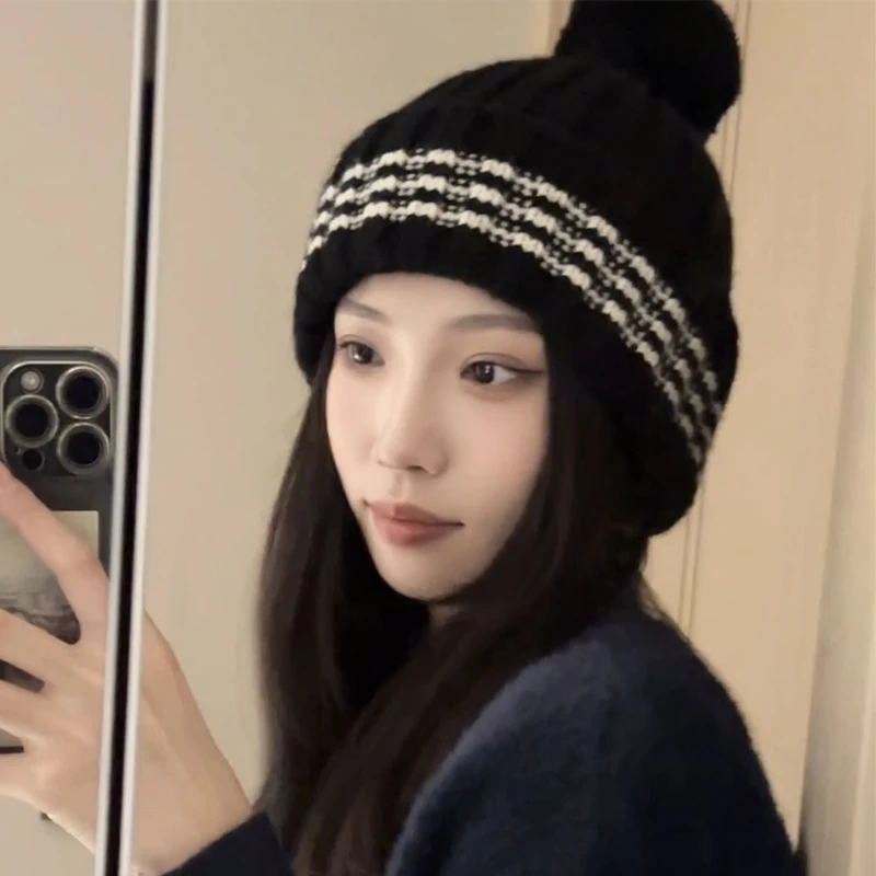 【章鱼梦】小香风毛线帽子女秋冬新款显脸小黑色针织冷帽大头围保暖