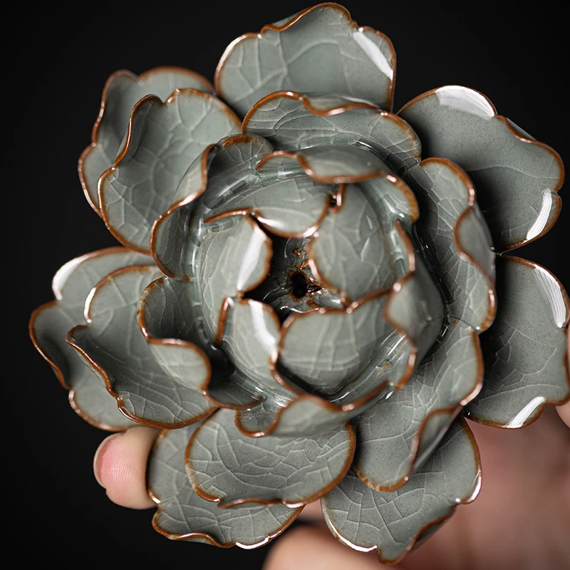 手工陶瓷哥窑牡丹线香香炉复古家用室内创意线香檀香沉香香座摆件