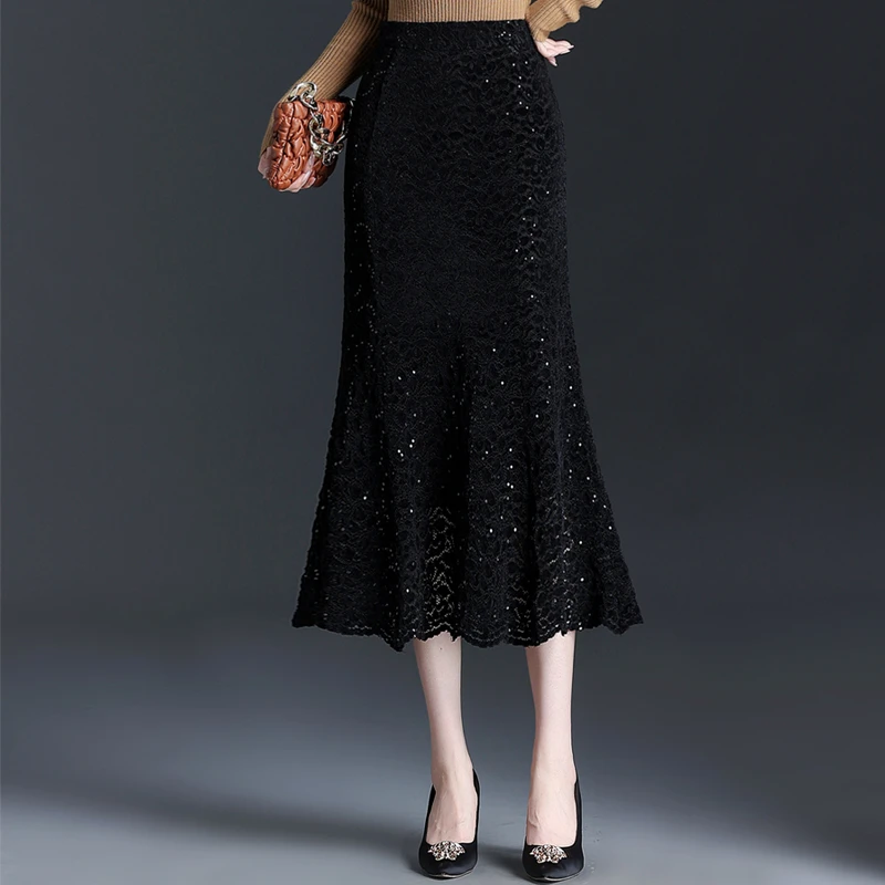植绒亮片蕾丝鱼尾裙半身裙女秋季2025新款高腰气质显瘦包臀一步裙