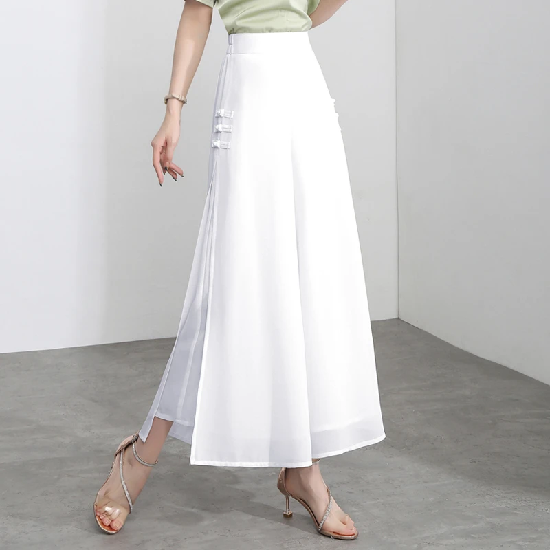 中国风开叉阔腿裤女新款高腰宽松显瘦裤裙夏季裙裤垂感雪纺九分裤