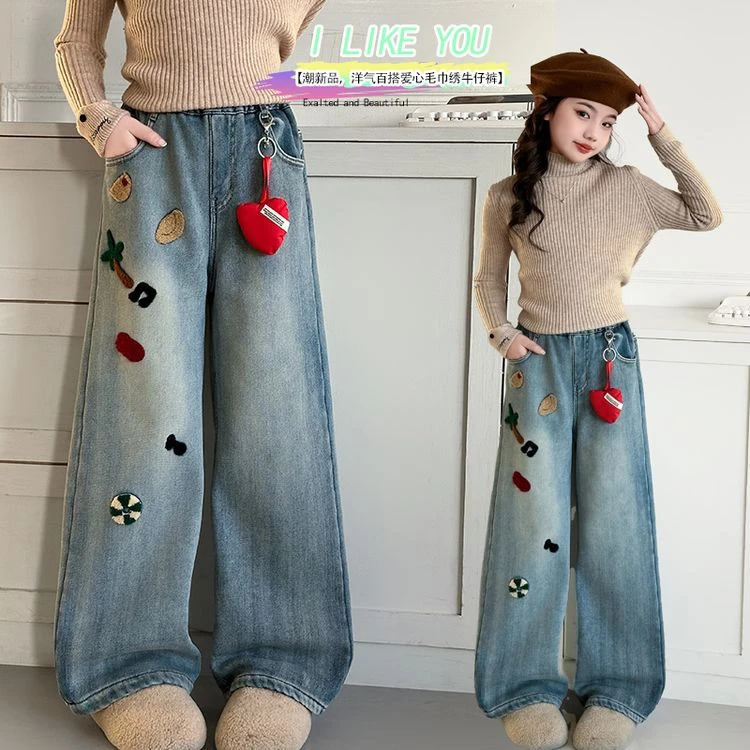 女童加绒牛仔裤冬装洋气外穿中大童休闲长裤韩版冬季儿童时髦裤子