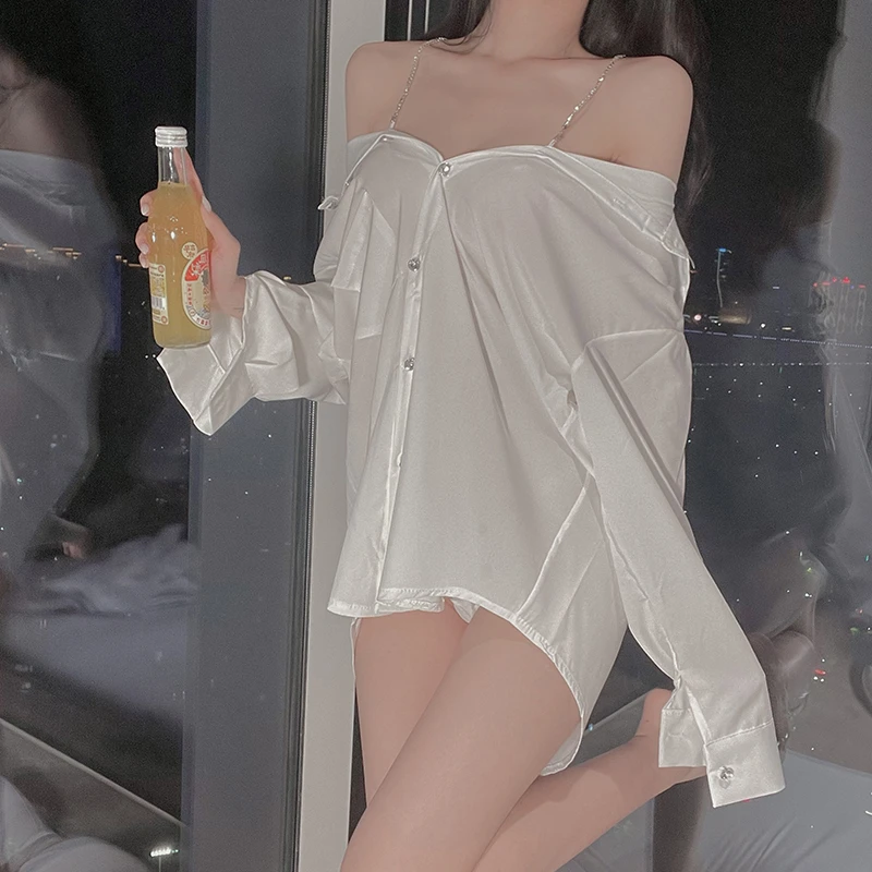 玖一 睡衣女吊带衬衫睡裙纯欲性感时尚宽松网红设计感白色高档