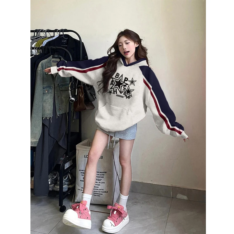 2024秋冬新款美式撞色拼接插肩袖连帽卫衣时尚百搭上衣运动男女款