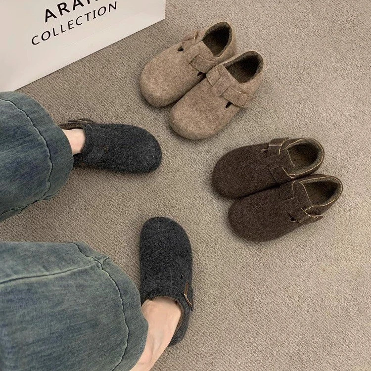 35-43码大码加绒乐福鞋女2024年秋冬新款圆头毛呢勃肯鞋保暖棉鞋