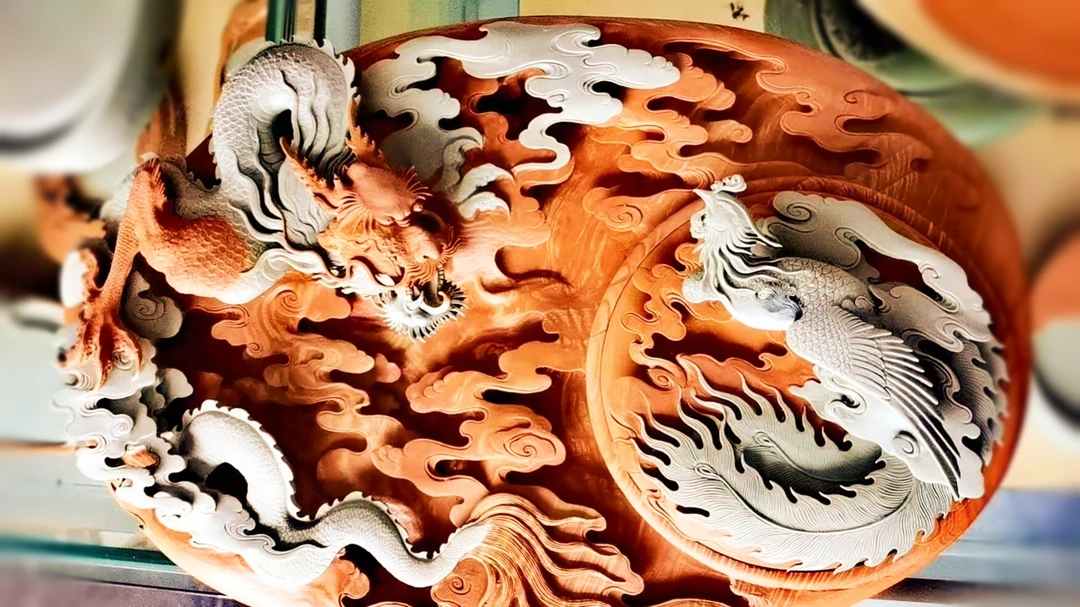 米氏辽砚    龙凤呈祥松花石砚   黄金裹玉纯人工雕刻