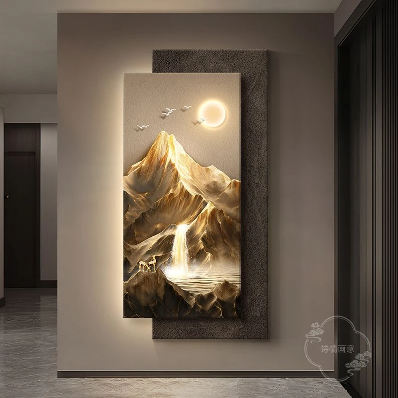 聚宝盆玄关装饰画轻奢高级感客厅背景墙挂画入户玄关山水带灯壁画