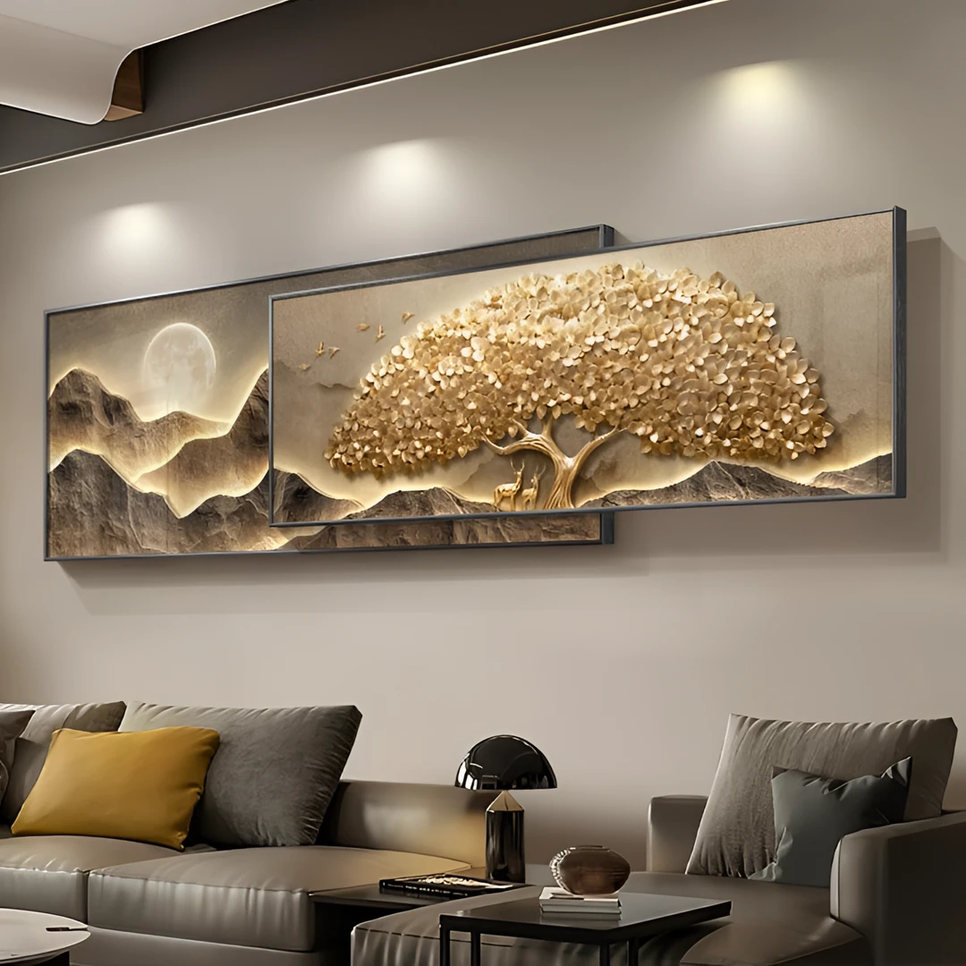 发财树现代轻奢客厅装饰画背有靠山高级感沙发背景墙挂画叠加壁画