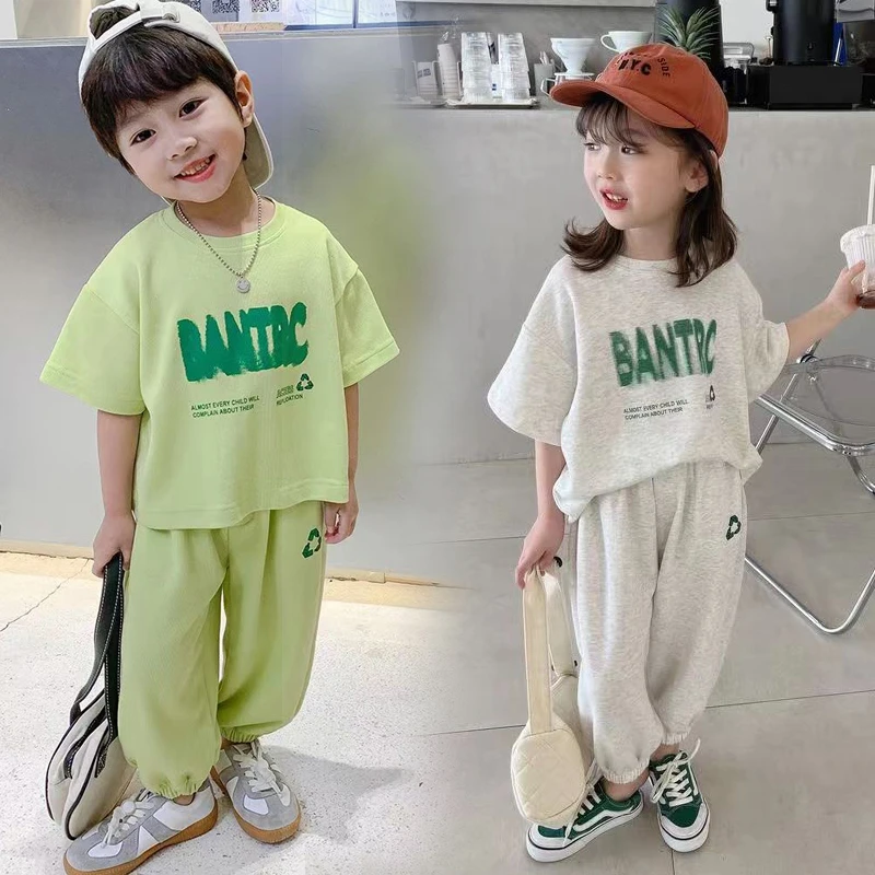 儿童套装女童短袖套装男童时尚九分裤卡通半袖中小童装夏季新款