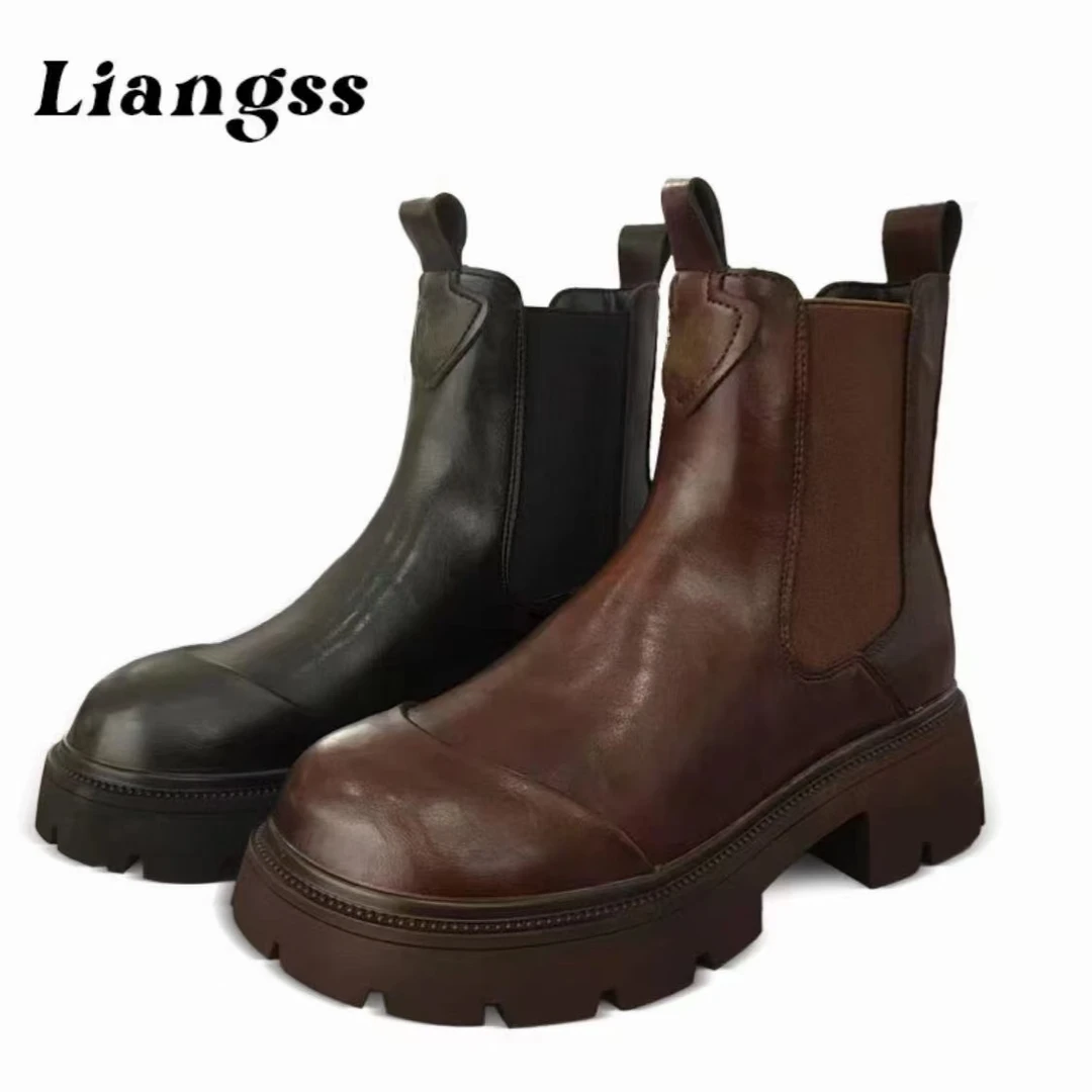 梁思思SHOES【烟管切尔西】2024年新款英伦风厚底骑士靴薄绒-8586-1