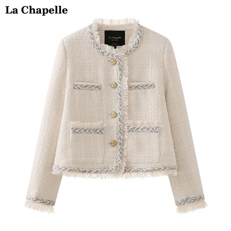 拉夏贝尔LaChapelle秋季圆领毛边编织小香风外套女法式短款上衣