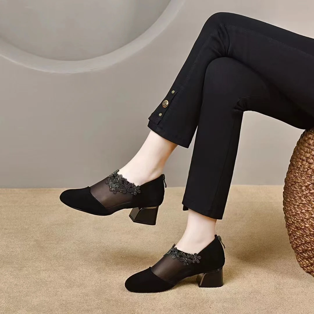 新款夏季圆头网纱羊皮闪钻透气软底时尚百搭中跟女士单鞋yj2018