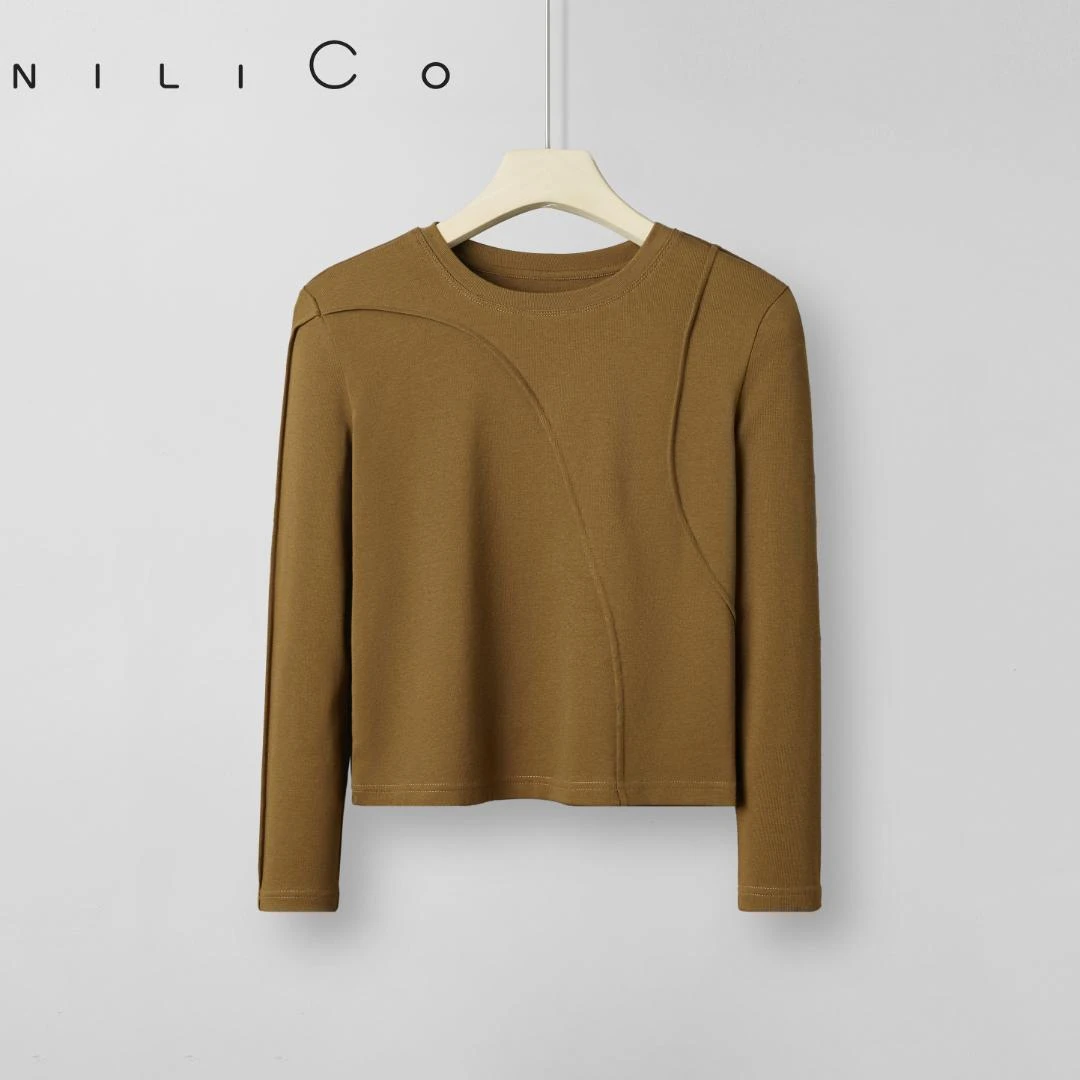 NILICO线条艺术高定上衣圆领宽松显瘦时尚纯色休闲时髦打底可外穿