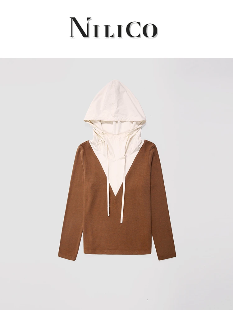 NILICO【月柔】秋冬解构撞色连帽上衣春季宽松拼接设计师