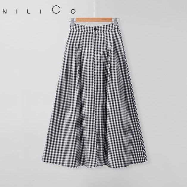 NILICO文艺风格高腰轻奢大摆裙修身气质时尚百搭夏季简约格子显瘦