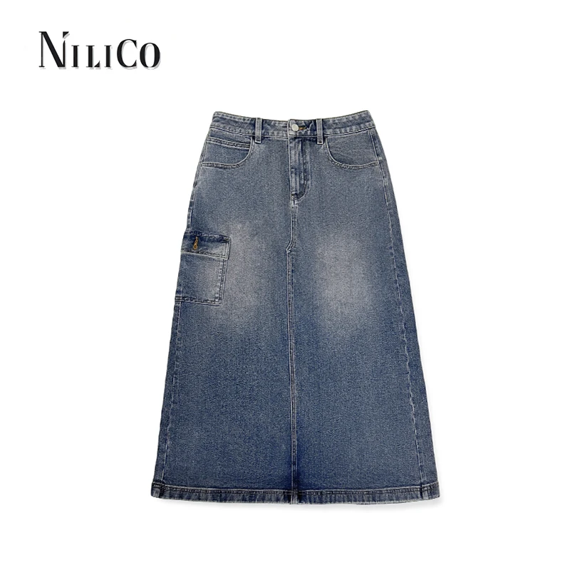 NILICO【浪漫生活】棉质显瘦小众牛仔中长半身裙秋季休闲百搭女装