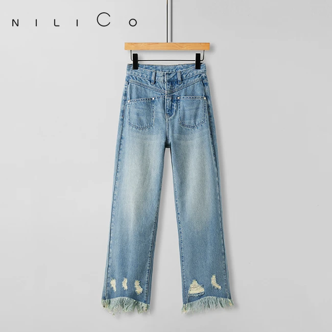 NILICO“捡漏”微喇毛边高腰水洗牛仔长裤时尚百搭休闲牛仔裤阔腿