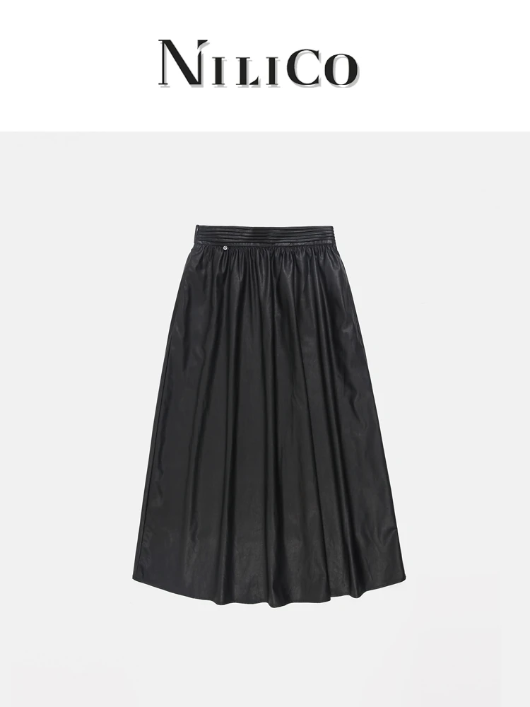 NILICO【黑道千金】纯色简约设计松紧腰高腰黑色A字女士半裙