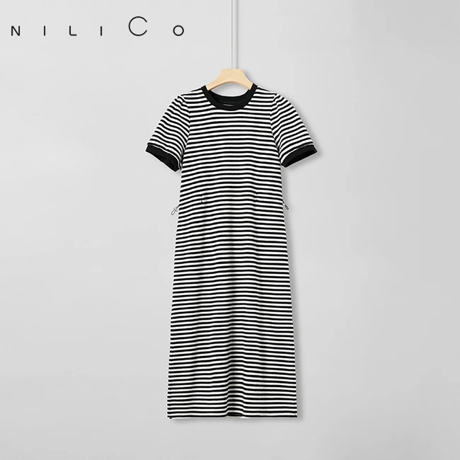 NILICO“条纹少女”开叉连衣裙时尚百搭简约休闲夏季超显瘦连衣裙
