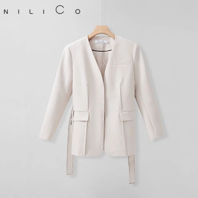 NILICO“很有格调”无领系带西装休闲简约轻奢时尚百搭气质设计感