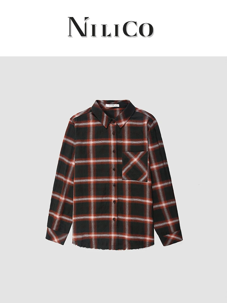 NILICO【墨绿雅集】撞色格纹设计感经典廓形衬衫上衣秋季百搭女装