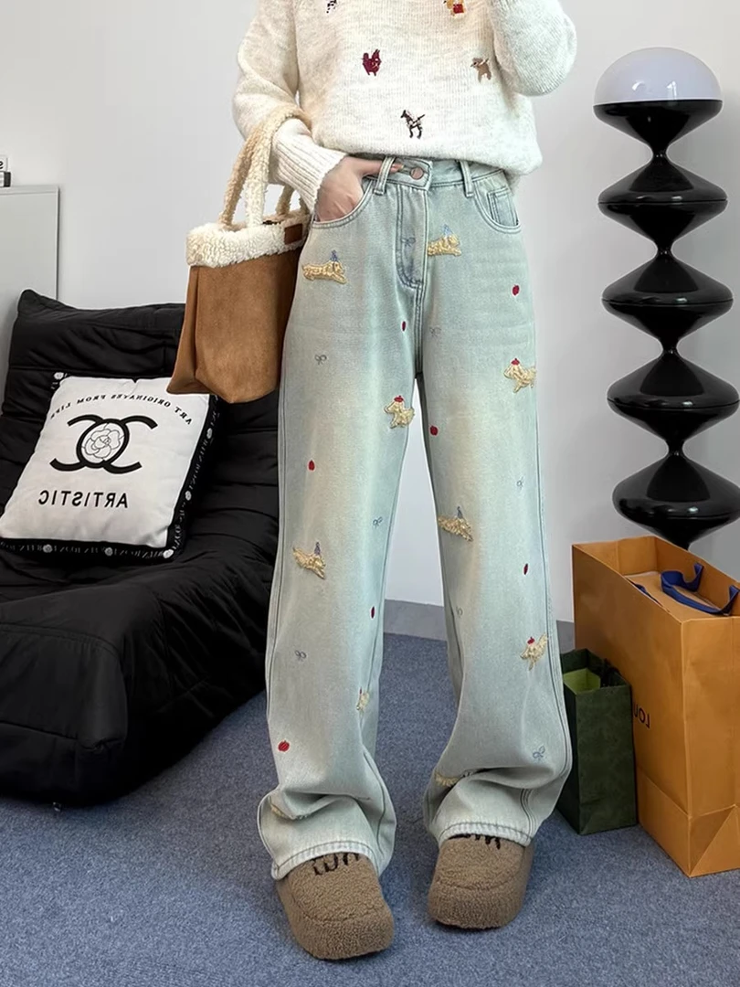 卡通圣诞小狗百搭加厚牛仔裤女秋季高腰宽松百搭直筒阔腿拖地长裤