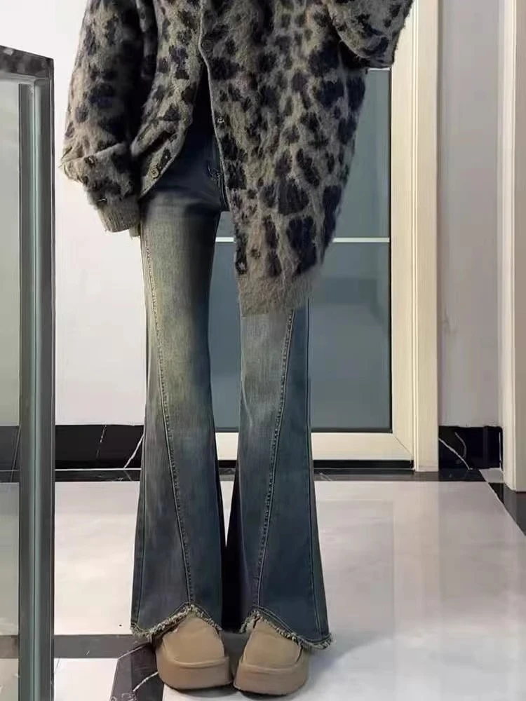 复古蓝毛边微喇牛仔裤女秋季百搭大码胖mm高腰遮胯弹力喇叭马蹄裤