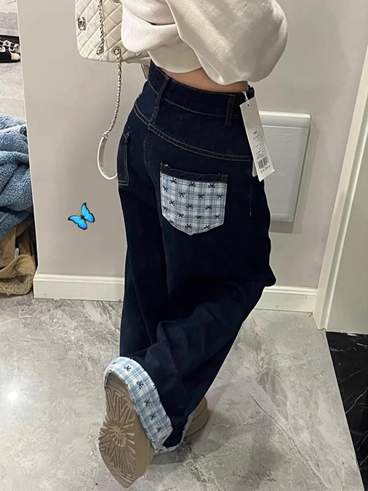 大码美式格子拼接牛仔裤女秋季胖mm直筒显瘦翻边裤子宽松bf慵懒风