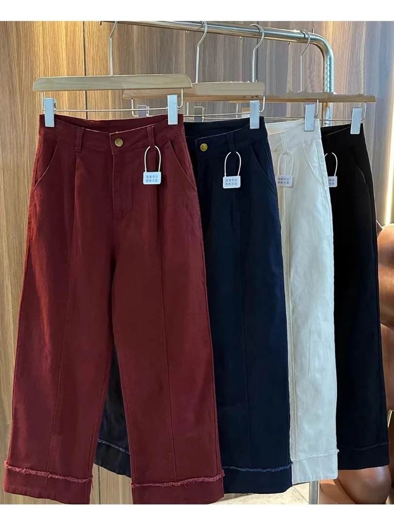 2025春款大码女装毛边设计感宽松直筒牛仔裤胖妹妹显瘦九分阔腿裤