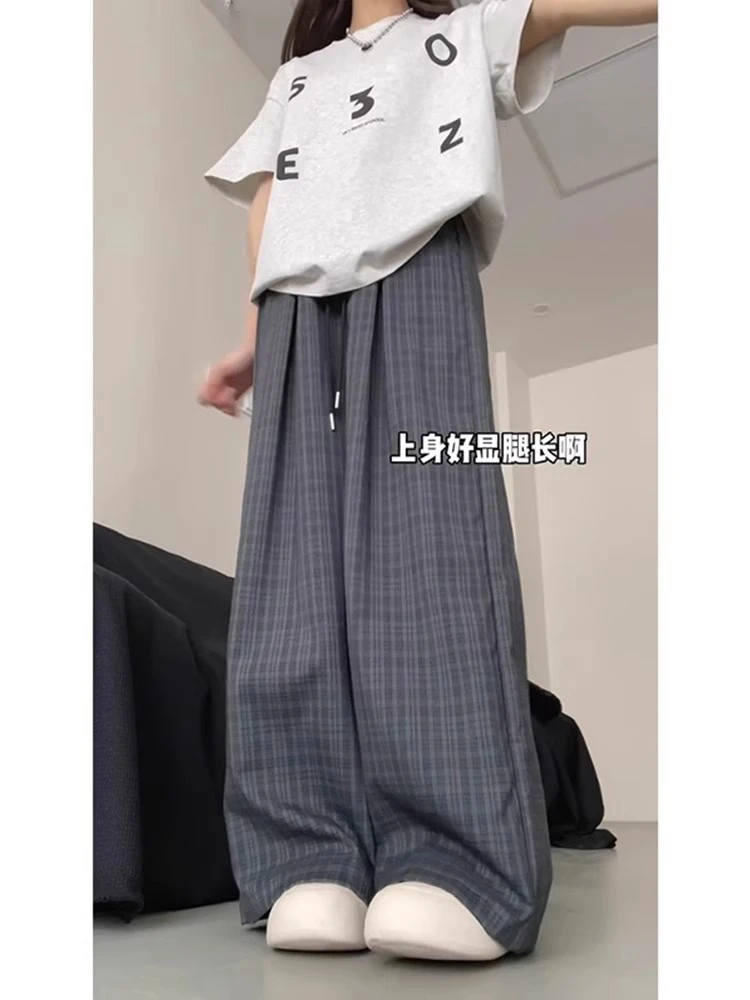 大码格子裤女秋季胖mm宽松显瘦松紧腰阔腿裤慵懒松弛感直筒休闲裤