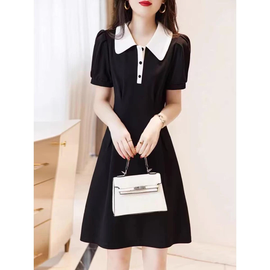 感设计减龄收腰显瘦撞色polo小黑裙休闲气质通勤夏季连衣裙女