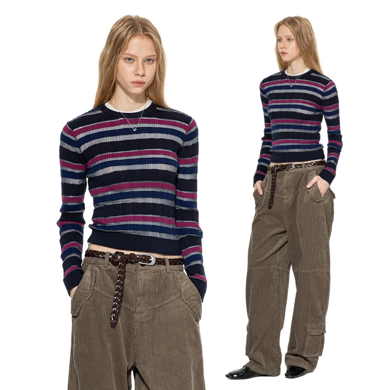 trou noir黑洞 长袖圆领修身针织衫上衣女 薄款镂空罩衫打底衫t恤